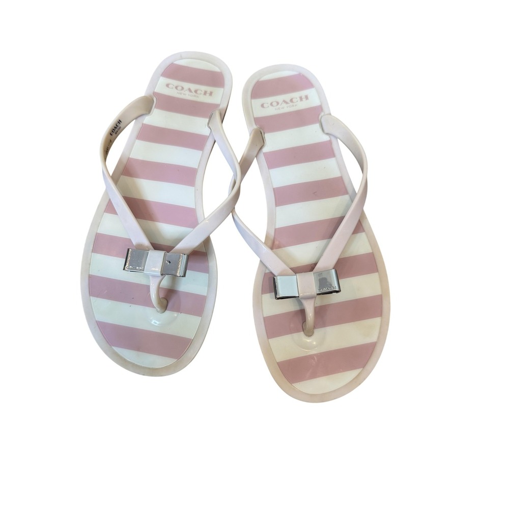 Coach Sandals Womens Size 7 Pink White Landon Jelly Bow Thong Flip Flops EU 37 - Picture 1 of 7